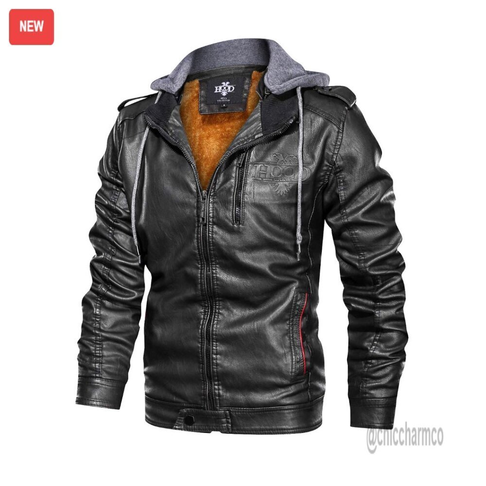 Men's PU Faux Leather Motorcycle Jacket with Removable Hood, Stand Collar